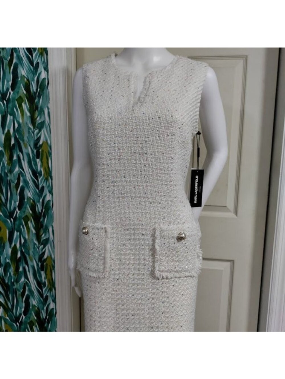 NWT Karl Lagerfield Paris Tweed Preppy Formal Shift Dress White Womens Size 10 - Picture 10 of 15